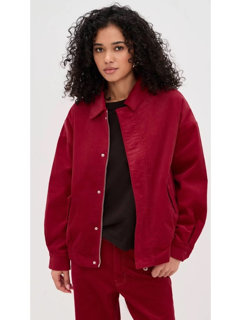 LIONESS KENNY OVERSIZED CORDUROY BOMBER JACKET IN RED